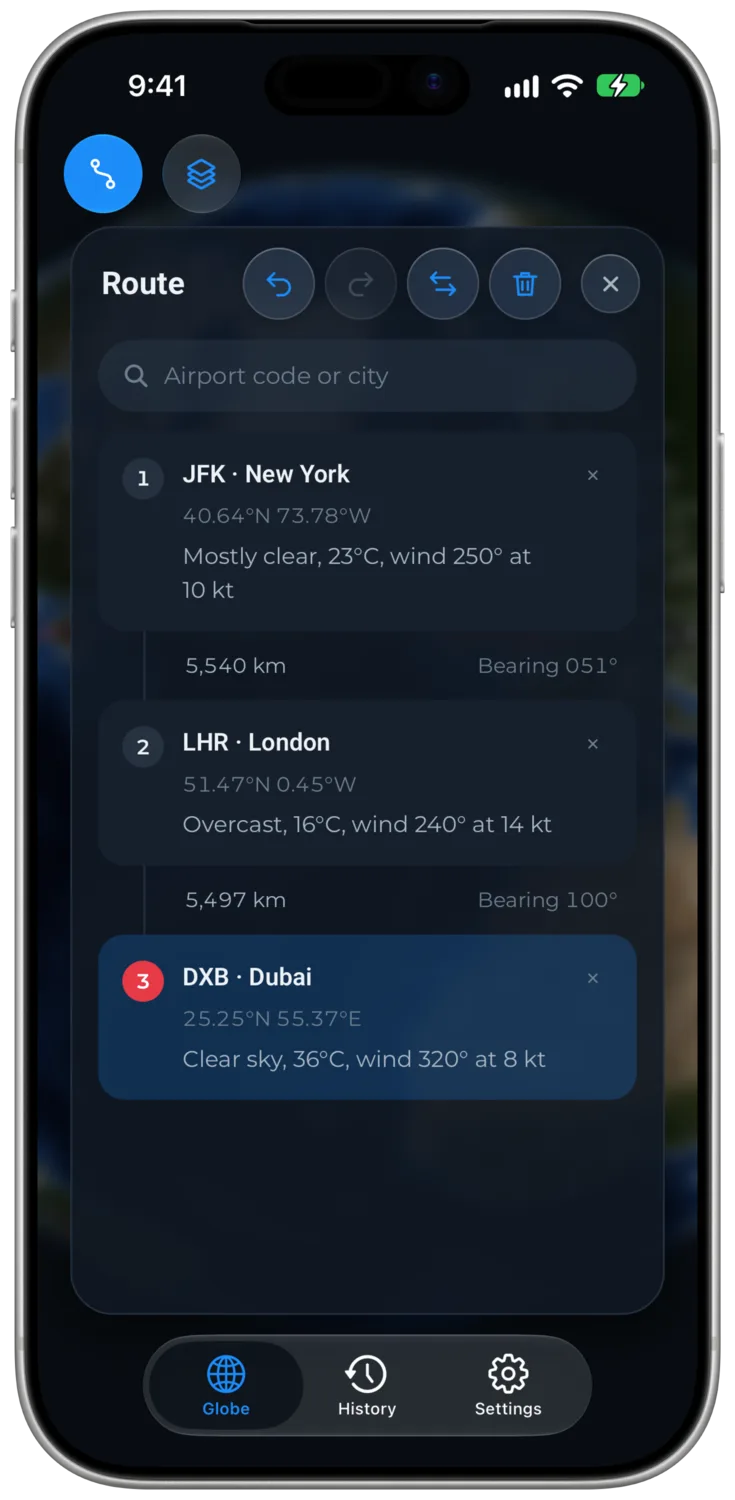 The Route Panel With Weather at Each Waypoint