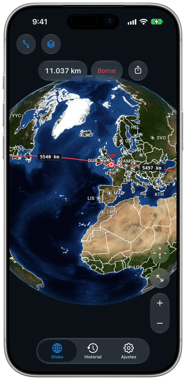 Etiquetas de distancia por tramo y total de la ruta