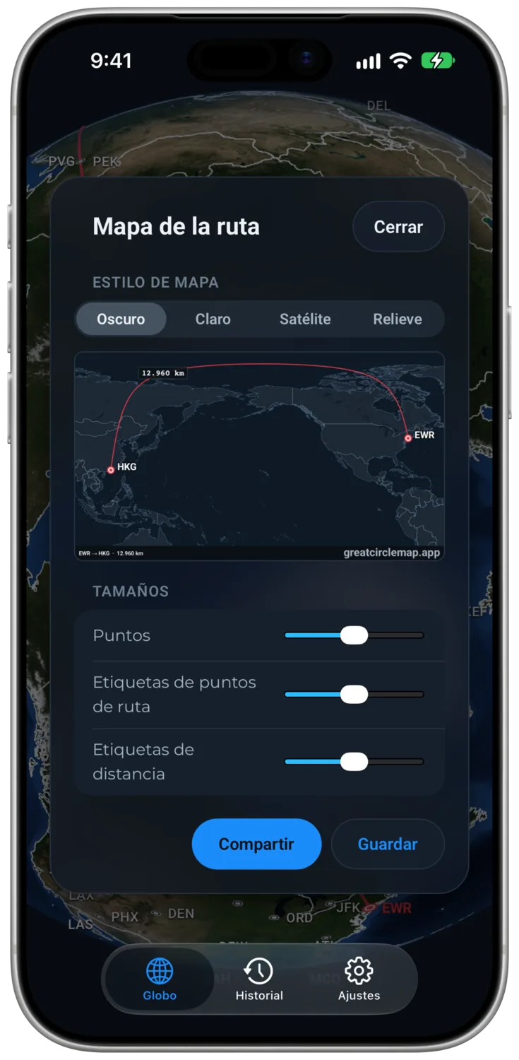 La exportación del mapa de la ruta con una proyección plana