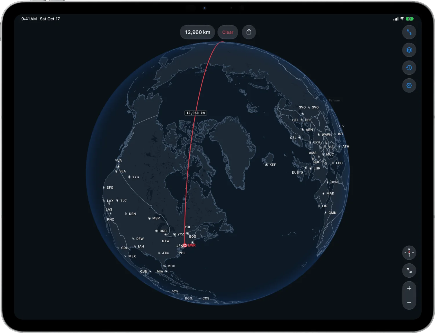 The Newark to Hong Kong Route Over the North Pole in Dark Map Style on iPad Pro