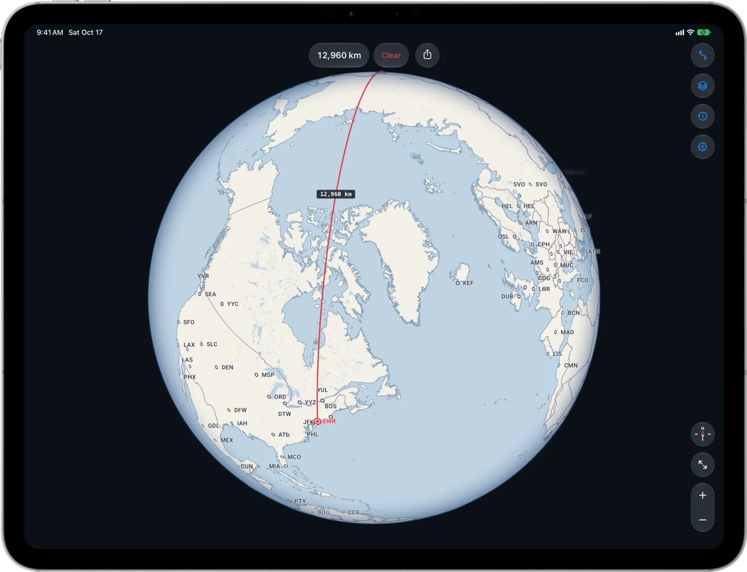 The Newark to Hong Kong Route Over the North Pole in Light Map Style on iPad Pro