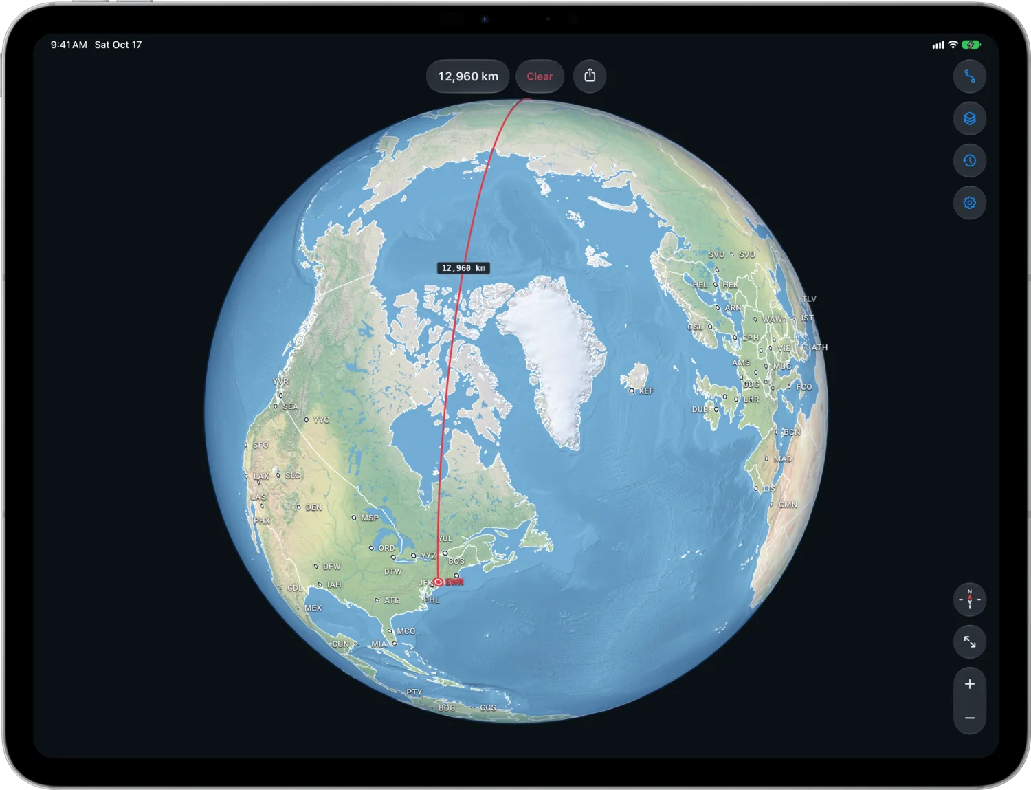 The Newark to Hong Kong Route Over the North Pole in Relief Map Style on iPad Pro