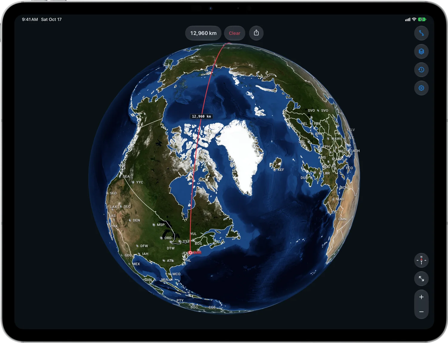 The Newark to Hong Kong Route Over the North Pole in Satellite Map Style on iPad Pro