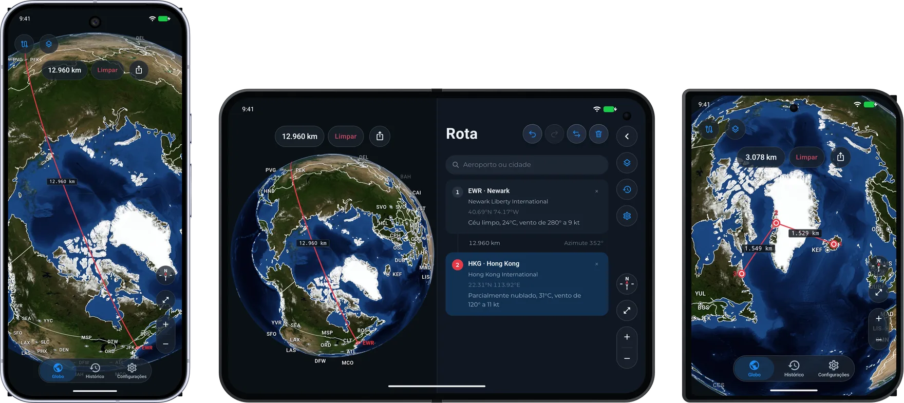 Google Pixel 10 Pro com a rota de Newark (EWR) a Hong Kong (HKG) sobre o Polo Norte, Xiaomi 18 Fold aberto com o mesmo globo ao lado da coluna Rota e Xiaomi 18 Fold fechado com a rota da Islândia ao Canadá via Groenlândia na tela externa